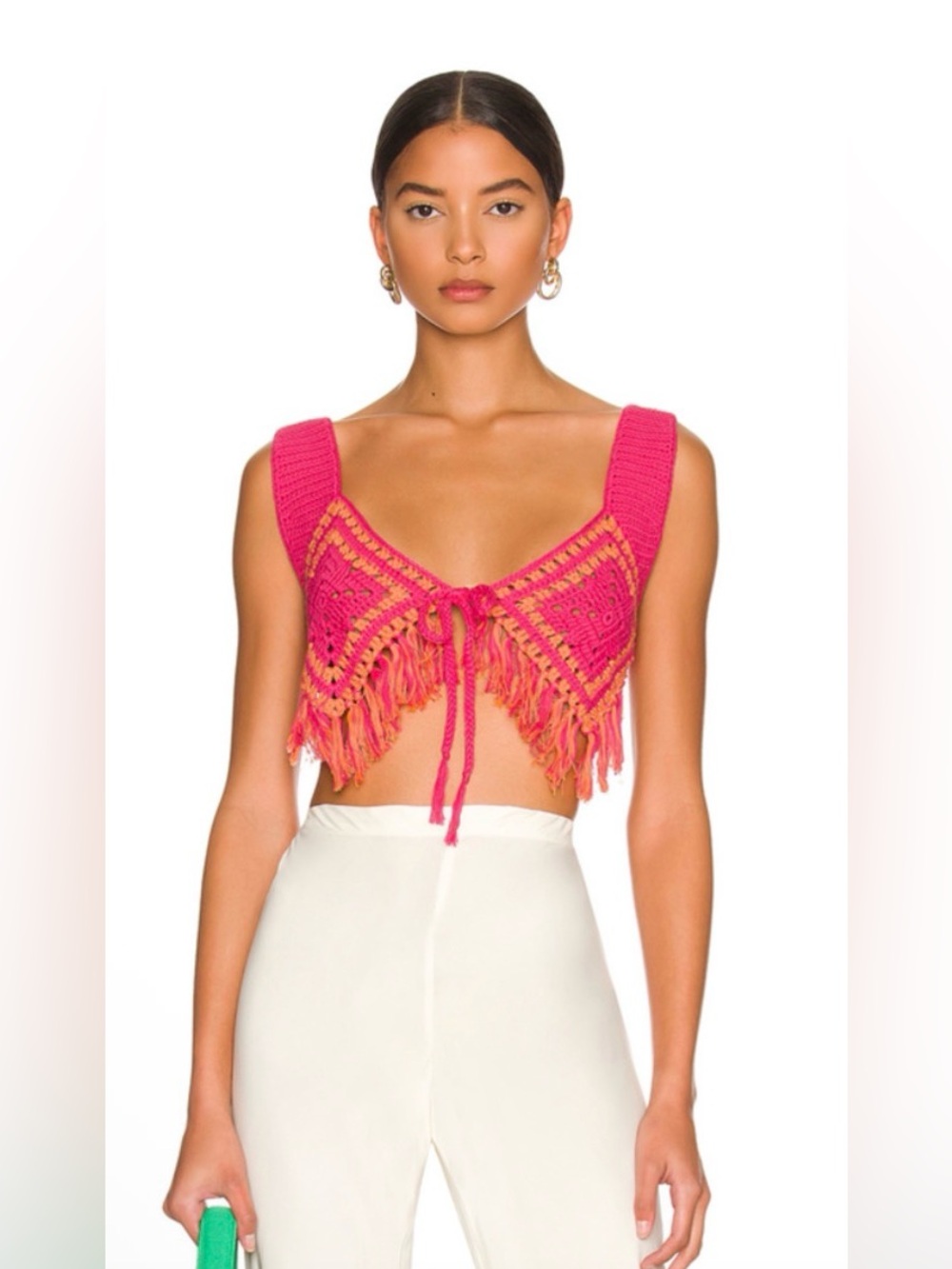 Camila Coelho Crochet Fringe Crop Top in Hot Pink & Orange